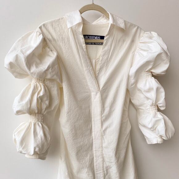 La Robe Santon by Jacquemus : Puff Sleeve Soeula Curved Hem Mini Dress : Sz 38 - Picture 4 of 16